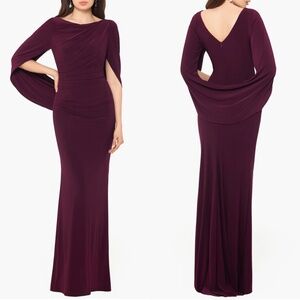 NEW Betsy & Adam BURGUNDY Cape Long Sleeve RUCHED Trumpet EVENING GOWN 10